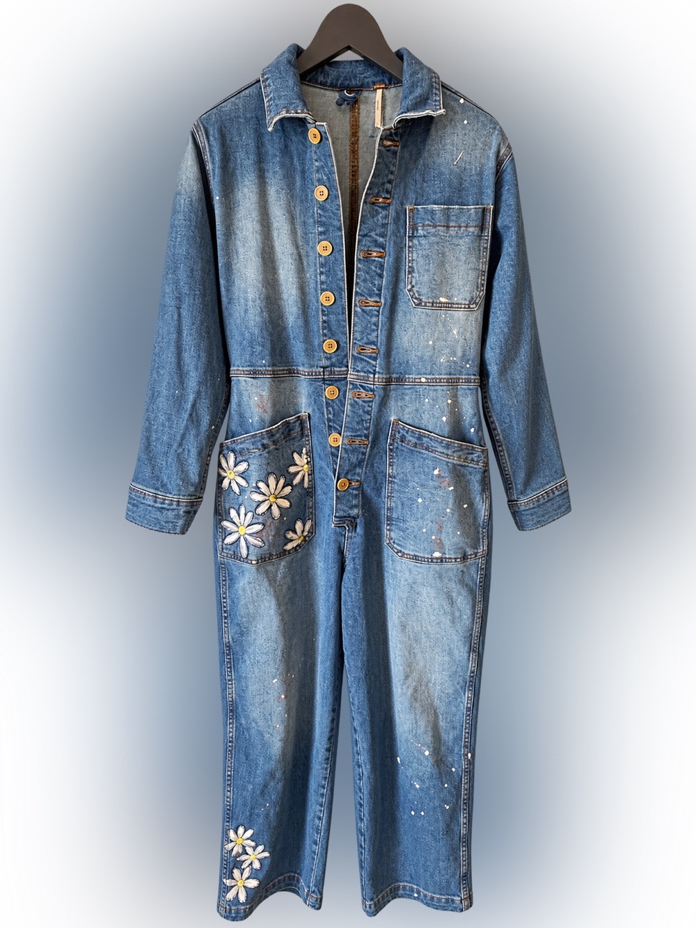 Free People Denim Coveralls Jumper One of a Kind Painted Size Small